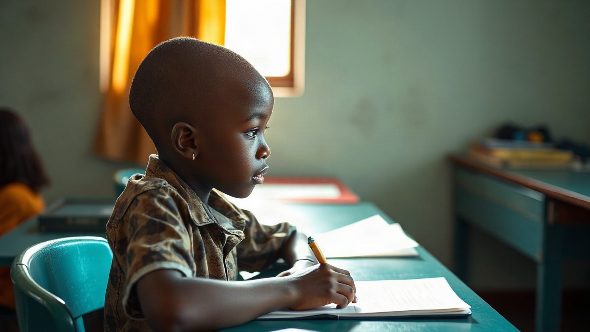A young student focused at a bright teal-modern desk in the Tutorpathv centre in Mombasa