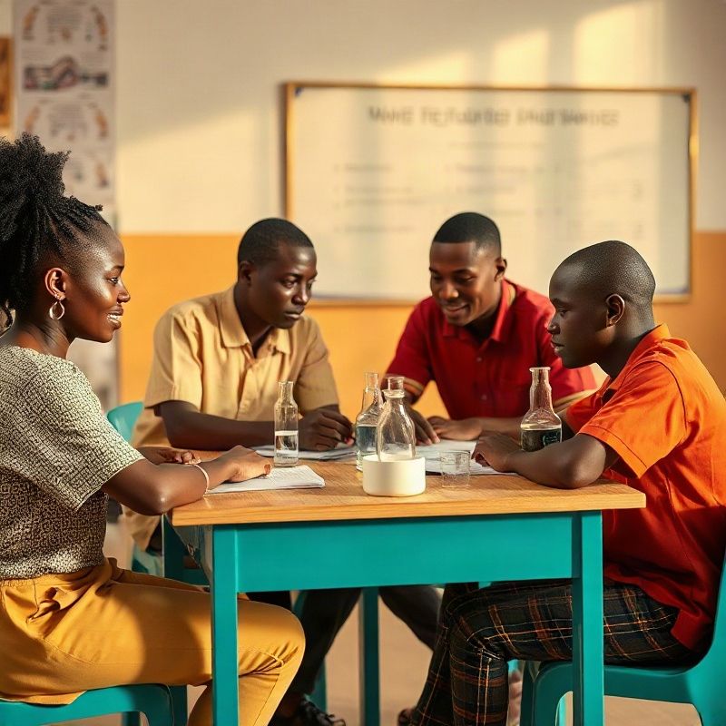Three secondary students and a tutor working through a Chemistry problem at a teal-accented table