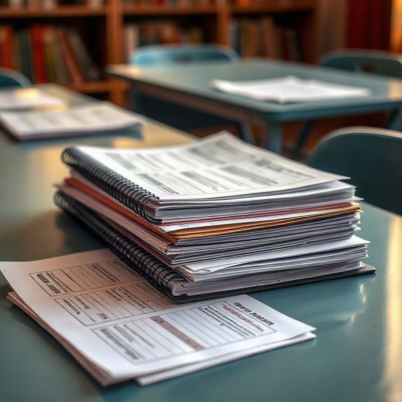 Spiral-bound revision packs and annotated past KCSE papers arranged on a teal-modern desk