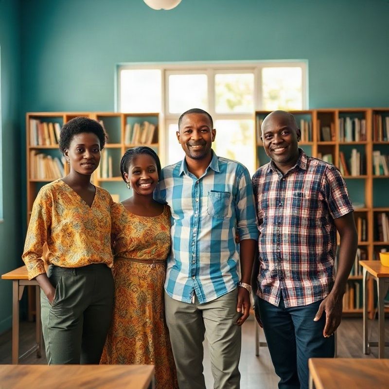 The Tutorpathv family tutoring team standing in a bright teal-modern classroom in Mombasa