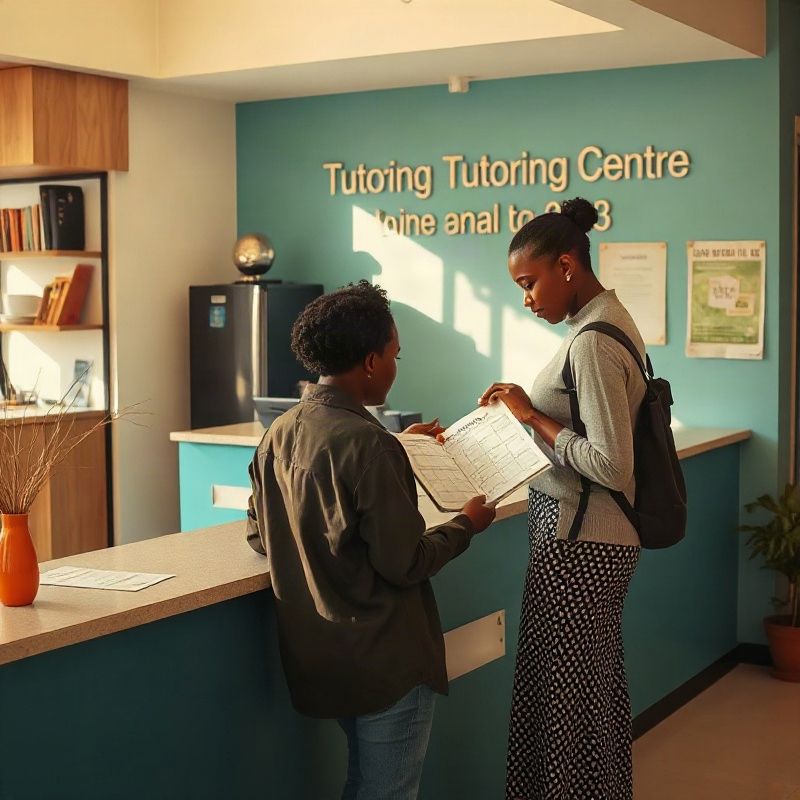 A parent and tutor reviewing a printed weekly schedule at the Tutorpathv reception desk